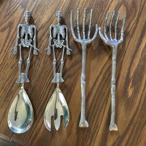Pottery Barn Skeleton & Skeleton Hands 2 Serving Sets‎ Halloween Salad Servers
